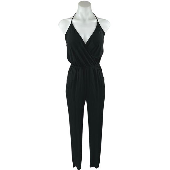 Lulus Learning to Fly Black Halter Sleeveless V Neck Faux Wrap Jumpsuit Size S - Picture 2 of 7